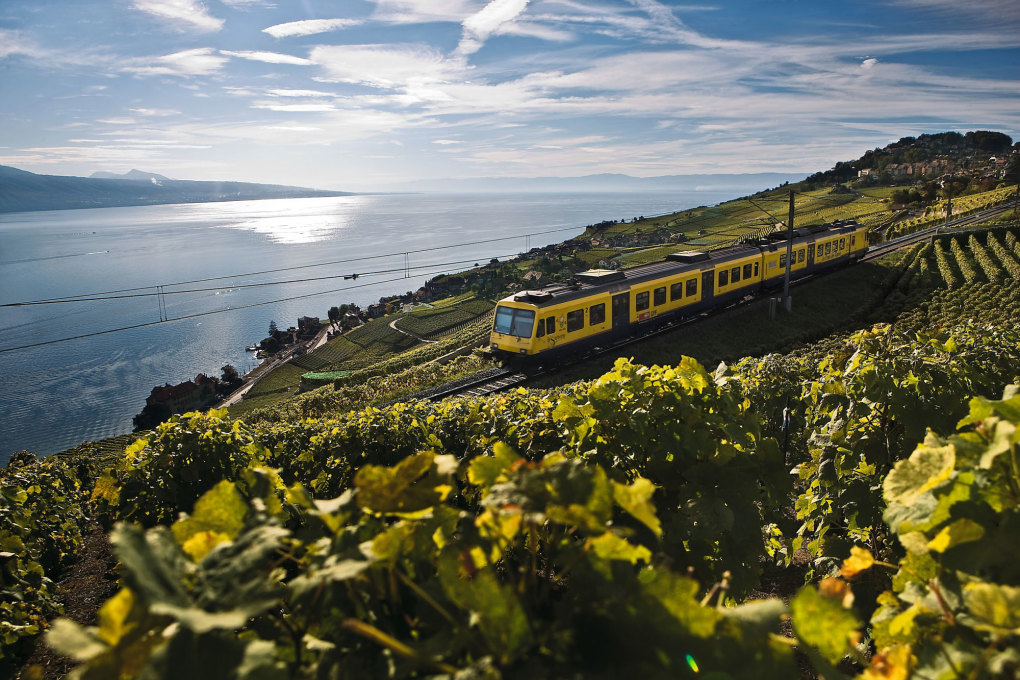 The Train des Vignes crosses Lake Geneva between Vevey and Puidoux and the Lavaux vineyards in Switzerland